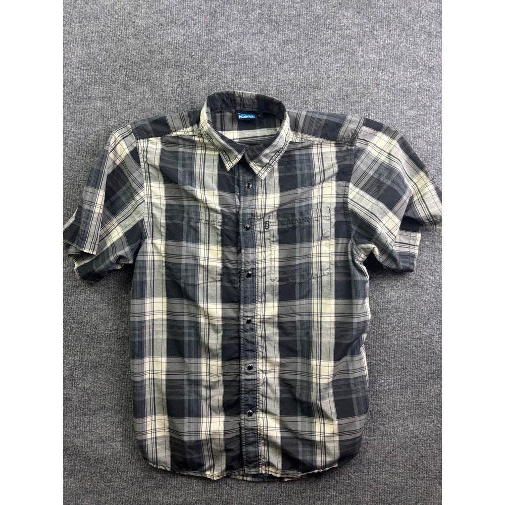Kavu Plaid Button Down Shirt Mens M Black Grey Short Sleeve Snap Front Pocket